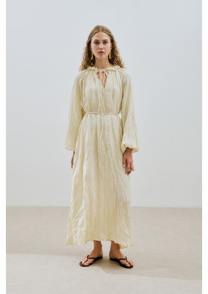 Yakası Büzgülü Keten Geniş Elbise Sarı fiyatları