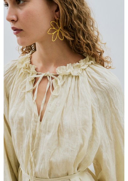 Yakası Büzgülü Keten Geniş Elbise Sarı fırsatları