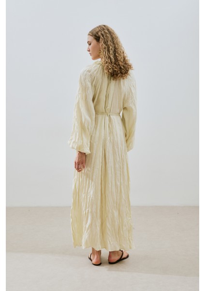 Yakası Büzgülü Keten Geniş Elbise Sarı