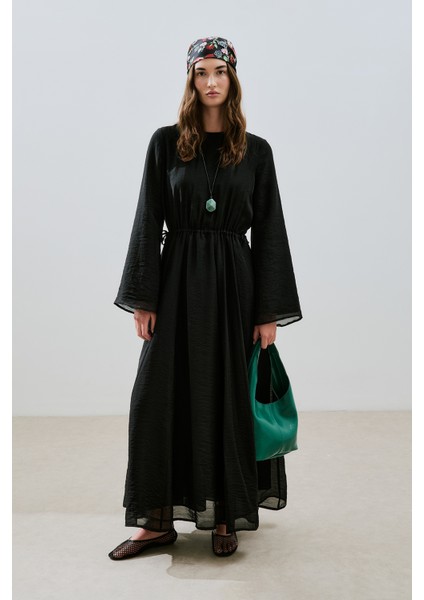 Beli Ayarlamalı Uzun Elbise Siyah