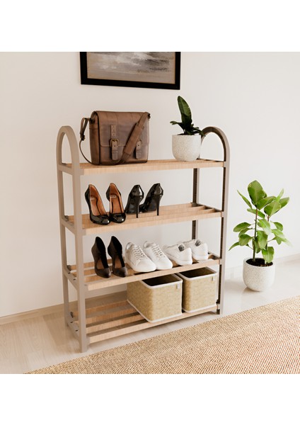FIX-2040 Bej Ahşap Çubuklu, 4 Raflı, Hafif ve Taşınabilir Ayakkabılık – Ev ve Ofis İçin Pratik Depolama fiyatları