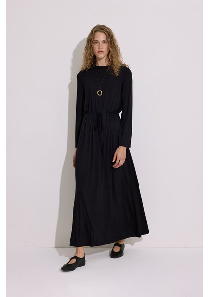 Dökümlü Uzun Kol Elbise Siyah fırsatları