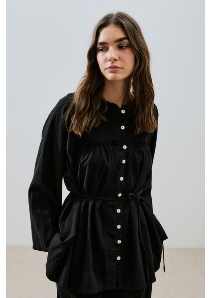 Dokulu Işlemeli Gömlek Siyah modelleri