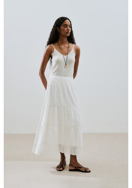 Dokulu Işlemeli Katlı Uzun Etek Ekru fiyatları