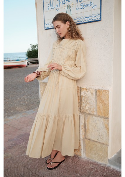 Büzgülü Uzun Kol Elbise Pastel Sarı