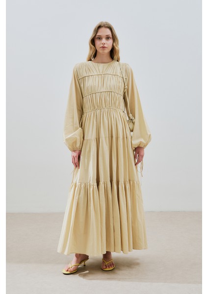 Büzgülü Uzun Kol Elbise Pastel Sarı fiyatları