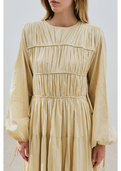 Büzgülü Uzun Kol Elbise Pastel Sarı modelleri