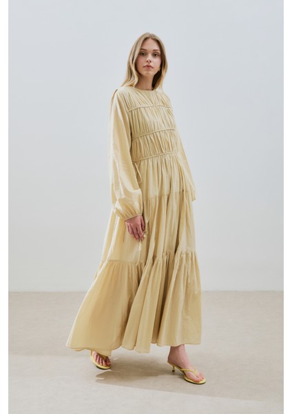 Büzgülü Uzun Kol Elbise Pastel Sarı fırsatları