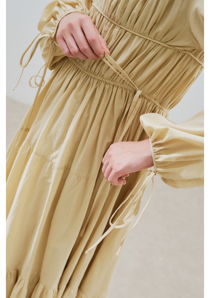 Büzgülü Uzun Kol Elbise Pastel Sarı indirimleri