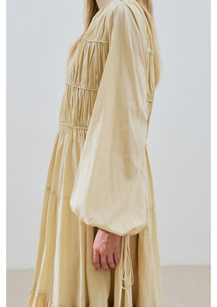 Büzgülü Uzun Kol Elbise Pastel Sarı