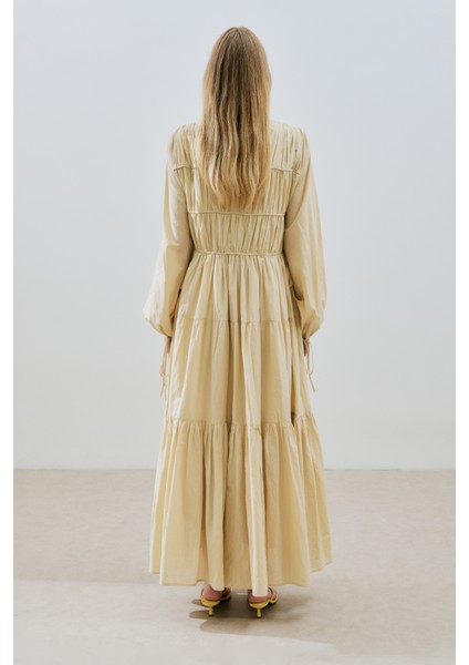 Büzgülü Uzun Kol Elbise Pastel Sarı