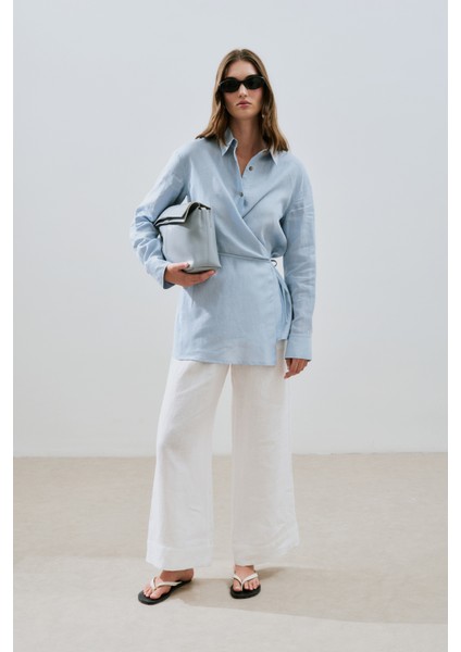 Keten Bağlama Detaylı Gömlek Mavi