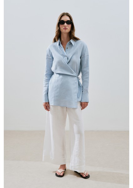 Keten Bağlama Detaylı Gömlek Mavi fiyatları