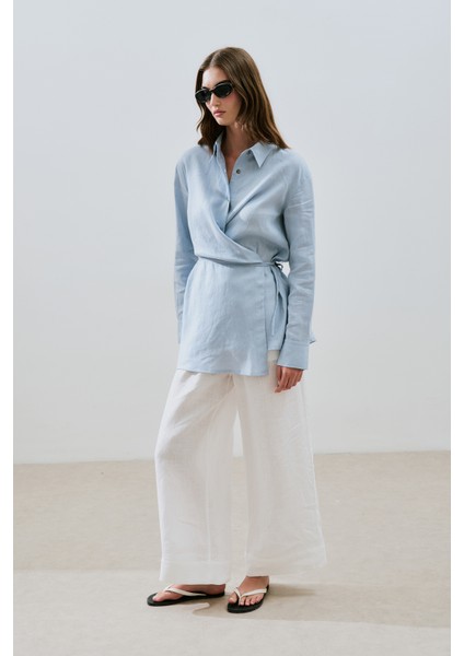 Keten Bağlama Detaylı Gömlek Mavi modelleri