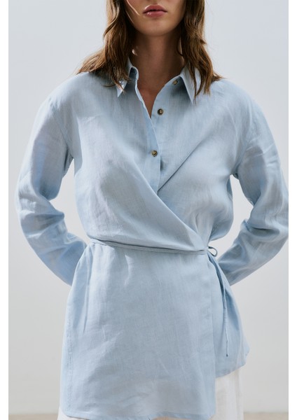 Keten Bağlama Detaylı Gömlek Mavi fırsatları