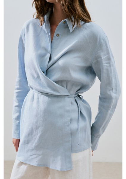 Keten Bağlama Detaylı Gömlek Mavi indirimleri