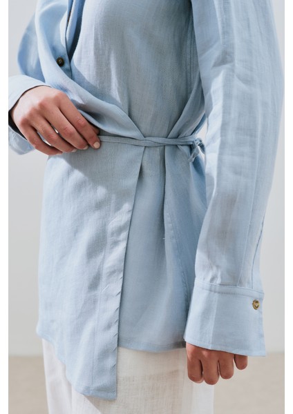 Keten Bağlama Detaylı Gömlek Mavi