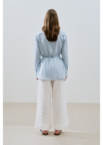 Keten Bağlama Detaylı Gömlek Mavi