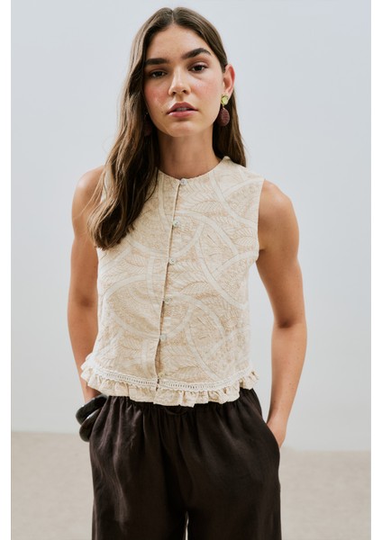 Dokulu Nakışlı Yelek Natural