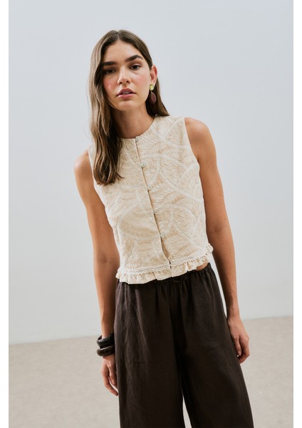 Dokulu Nakışlı Yelek Natural indirimleri