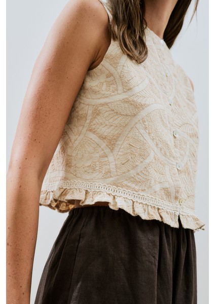 Dokulu Nakışlı Yelek Natural