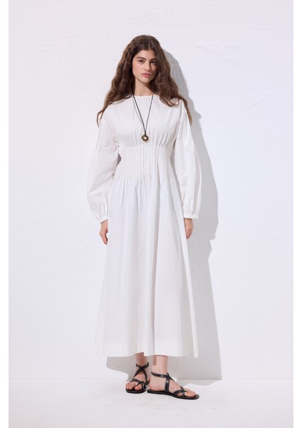 Beli Pile Detaylı Elbise Ekru modelleri