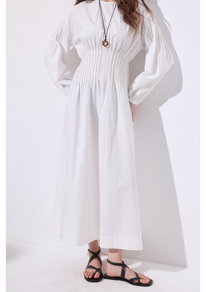 Beli Pile Detaylı Elbise Ekru indirimleri