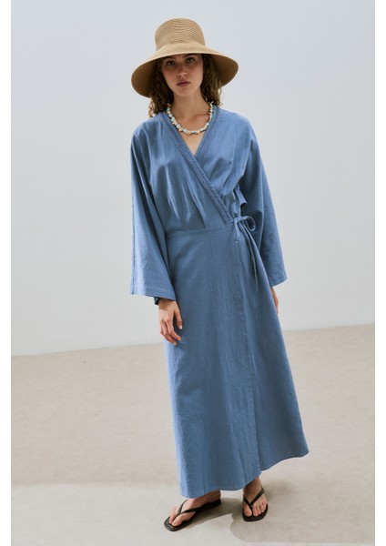 Dokulu Kruvaze Kapamalı Elbise Indigo fiyatları