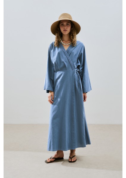 Dokulu Kruvaze Kapamalı Elbise Indigo modelleri