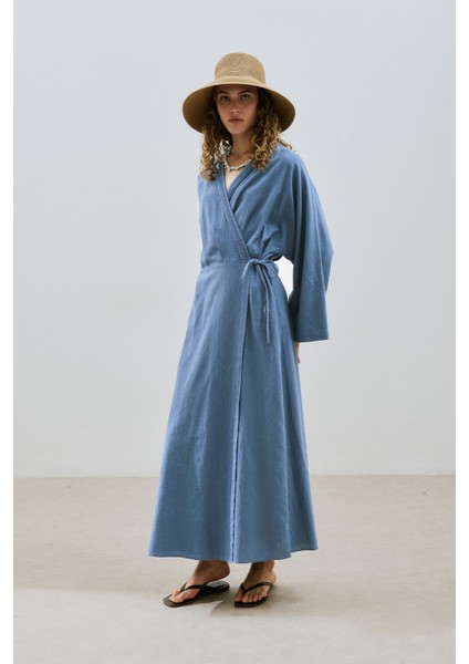 Dokulu Kruvaze Kapamalı Elbise Indigo indirimleri