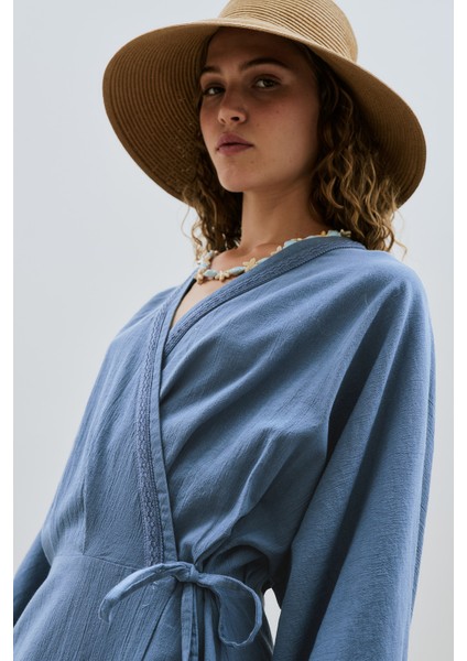 Dokulu Kruvaze Kapamalı Elbise Indigo