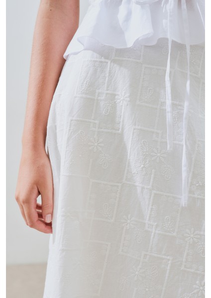 Nakışlı Midi Etek Ekru