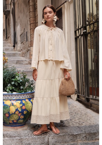 Dokulu Işlemeli Katlı Uzun Etek Sarı