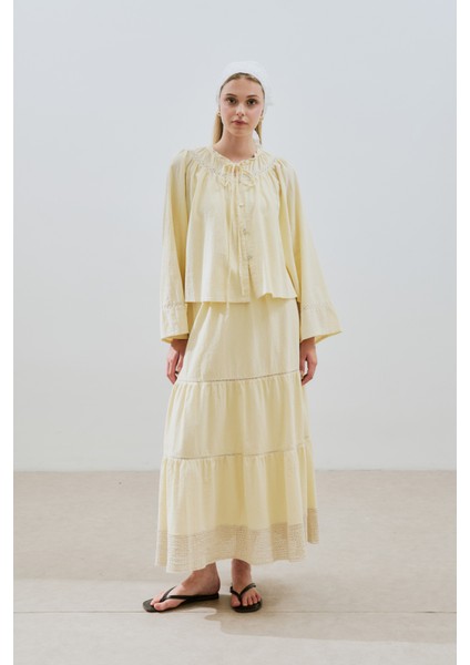 Dokulu Işlemeli Katlı Uzun Etek Sarı fiyatları