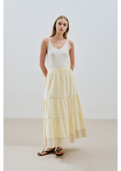 Dokulu Işlemeli Katlı Uzun Etek Sarı fırsatları