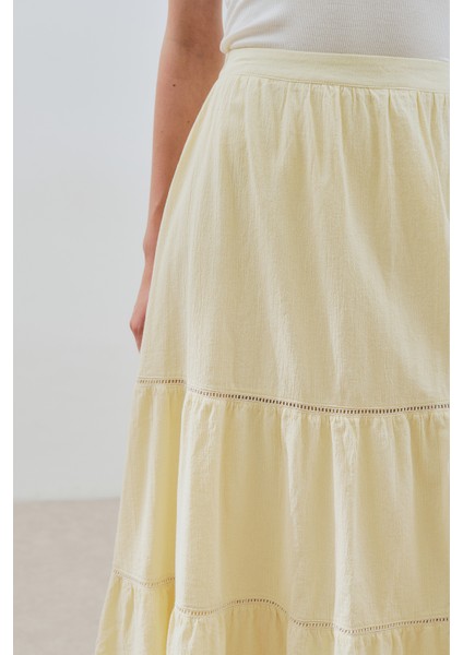 Dokulu Işlemeli Katlı Uzun Etek Sarı