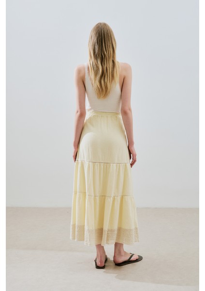 Dokulu Işlemeli Katlı Uzun Etek Sarı