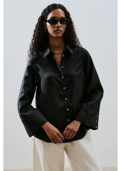 Keten Geniş Manşetli Gömlek Siyah