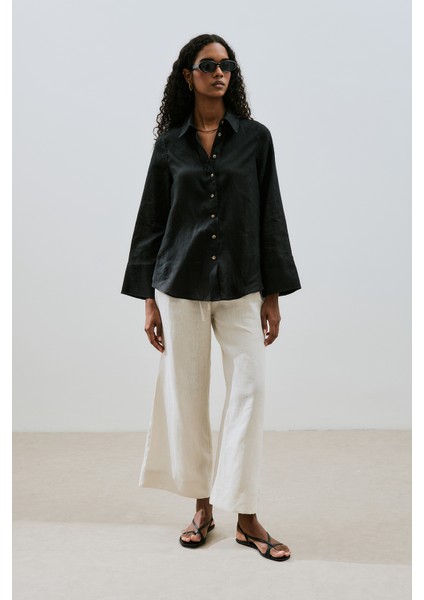 Keten Geniş Manşetli Gömlek Siyah fiyatları