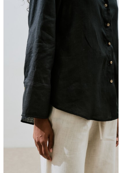 Keten Geniş Manşetli Gömlek Siyah indirimleri