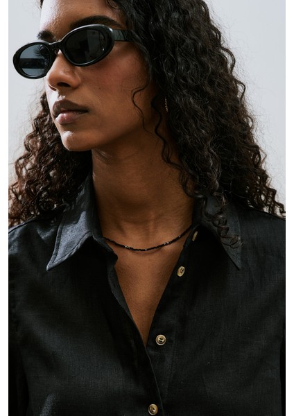 Keten Geniş Manşetli Gömlek Siyah