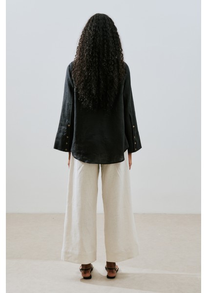 Keten Geniş Manşetli Gömlek Siyah