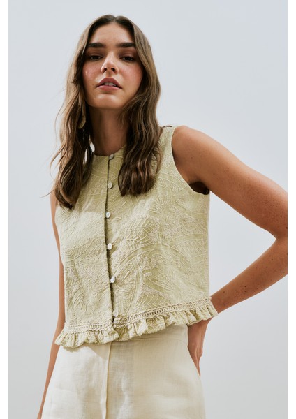 Dokulu Nakışlı Yelek Soft Yeşil