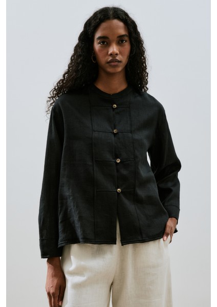 Keten Önden Düğmeli Gömlek Siyah