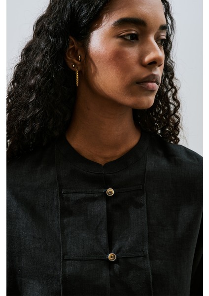 Keten Önden Düğmeli Gömlek Siyah modelleri