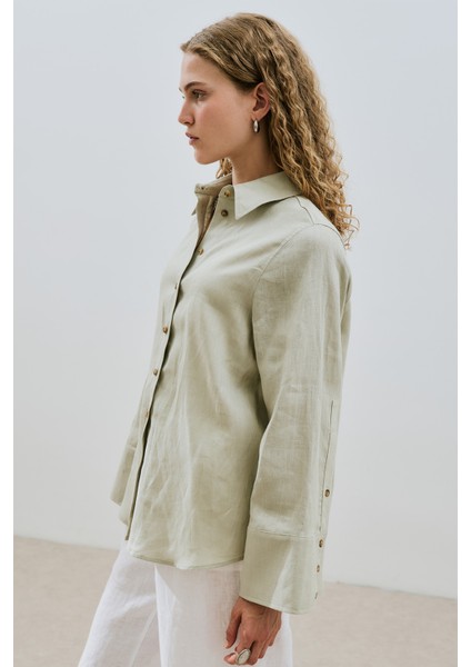 Keten Geniş Manşetli Gömlek Yeşil fiyatları