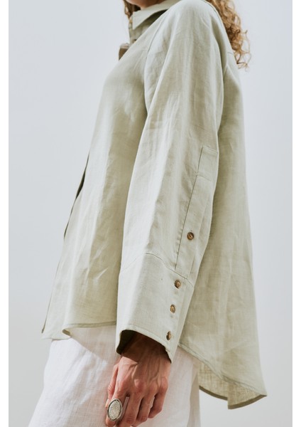 Keten Geniş Manşetli Gömlek Yeşil fırsatları