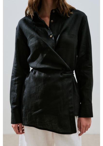 Keten Bağlama Detaylı Gömlek Siyah fiyatları