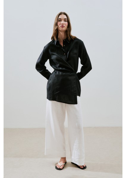 Keten Bağlama Detaylı Gömlek Siyah modelleri