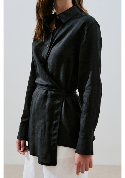 Keten Bağlama Detaylı Gömlek Siyah fırsatları